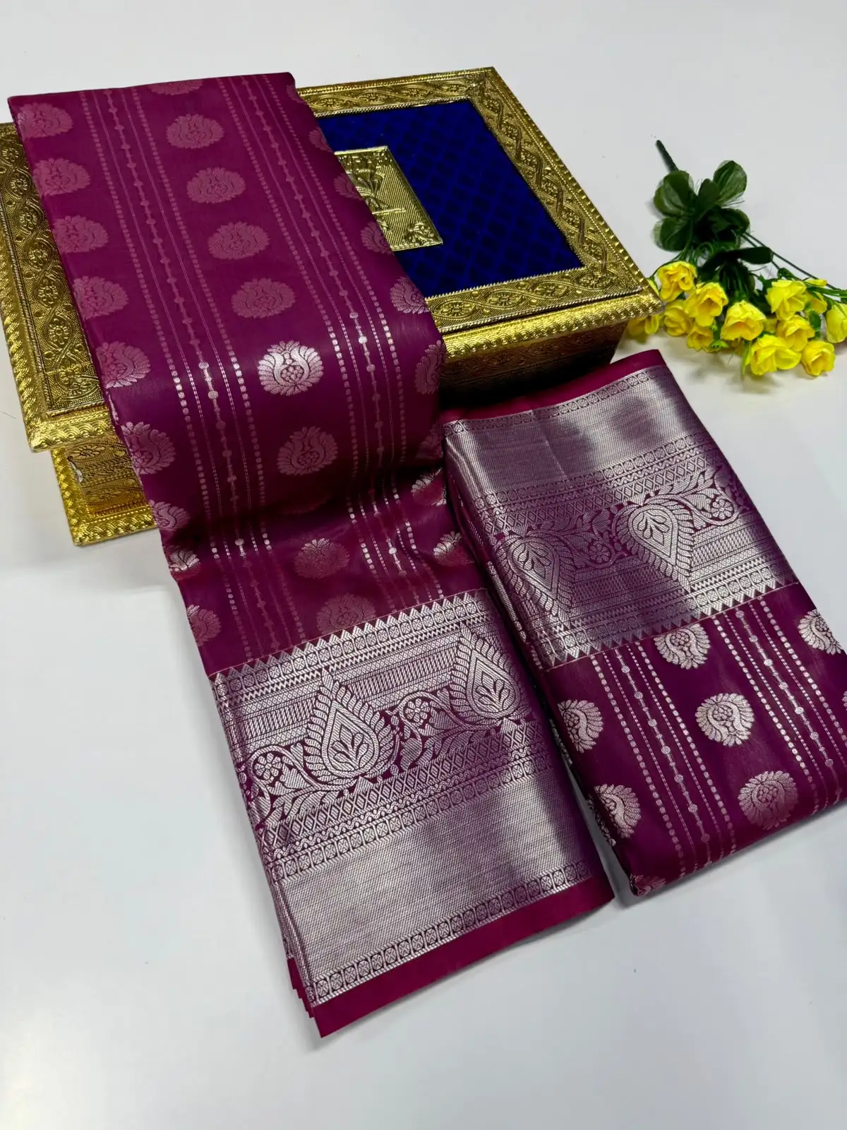 Floral Paisley Zari Butta Grand Paisley Border Semi Kanchipuram Silk Saree